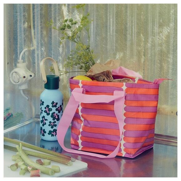 Ikea Bastua Striped Zipper Top Shopping Tote Bag Pink Red - Picture 2 of 9